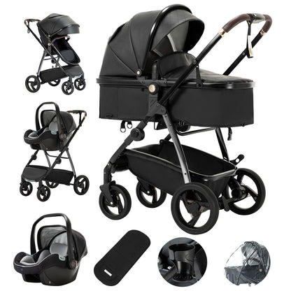 Leather Canopy One Hand Quick Folding Baby Stroller for 0-4 Newborn