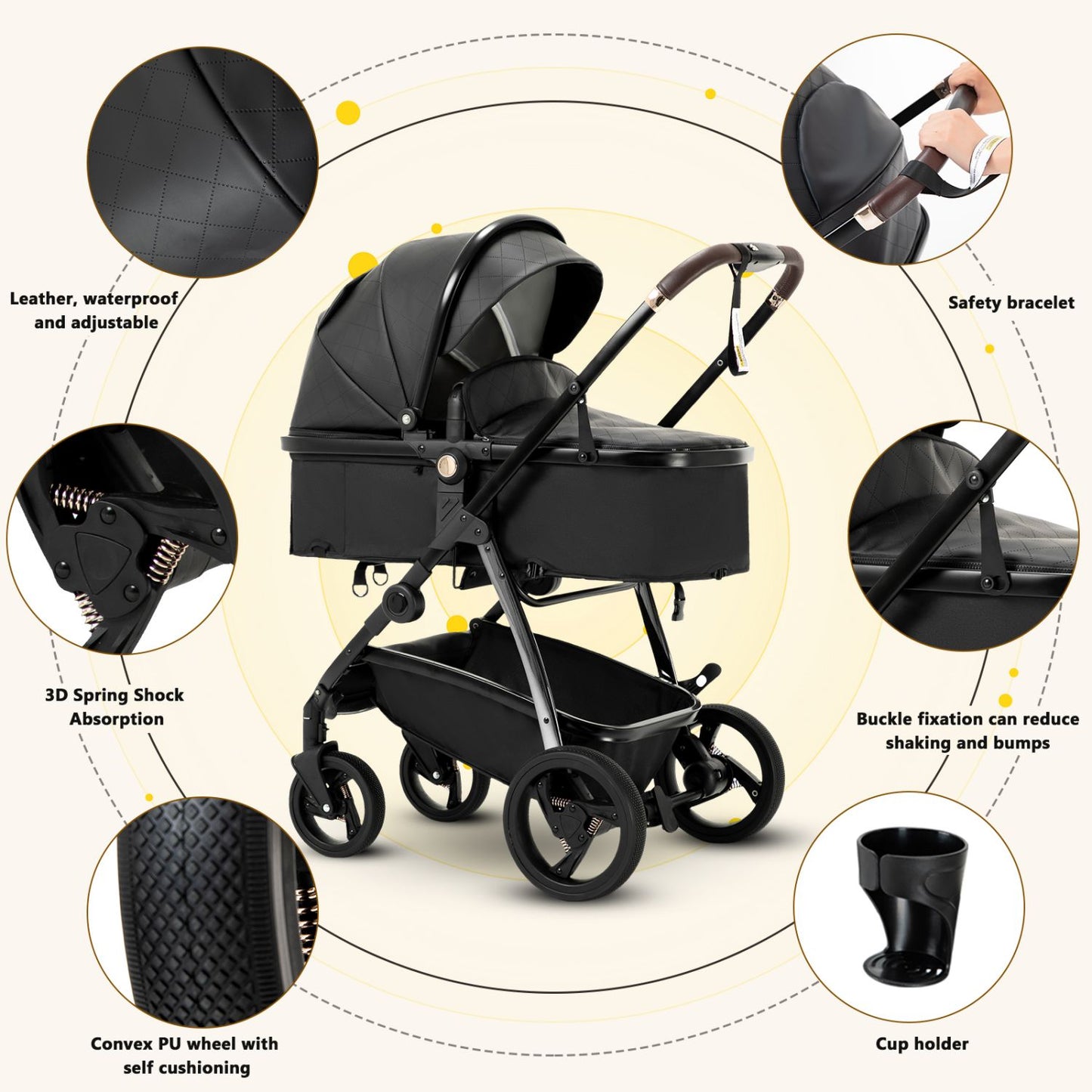 Leather Canopy One Hand Quick Folding Baby Stroller for 0-4 Newborn