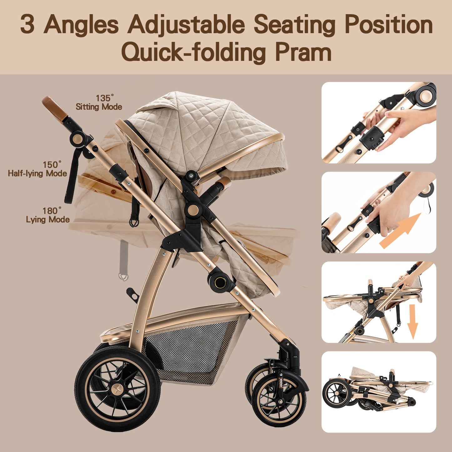 Compact Baby Stroller with Adjustable Handle for 0-4 Newborn