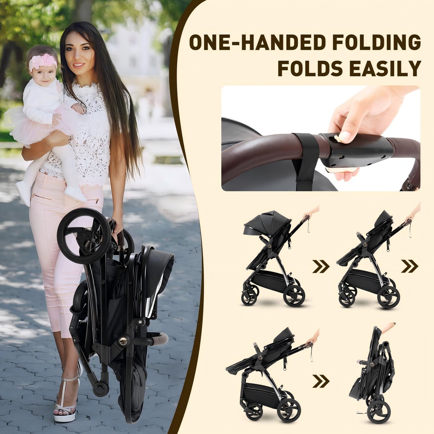 Leather Canopy One Hand Quick Folding Baby Stroller for 0-4 Newborn