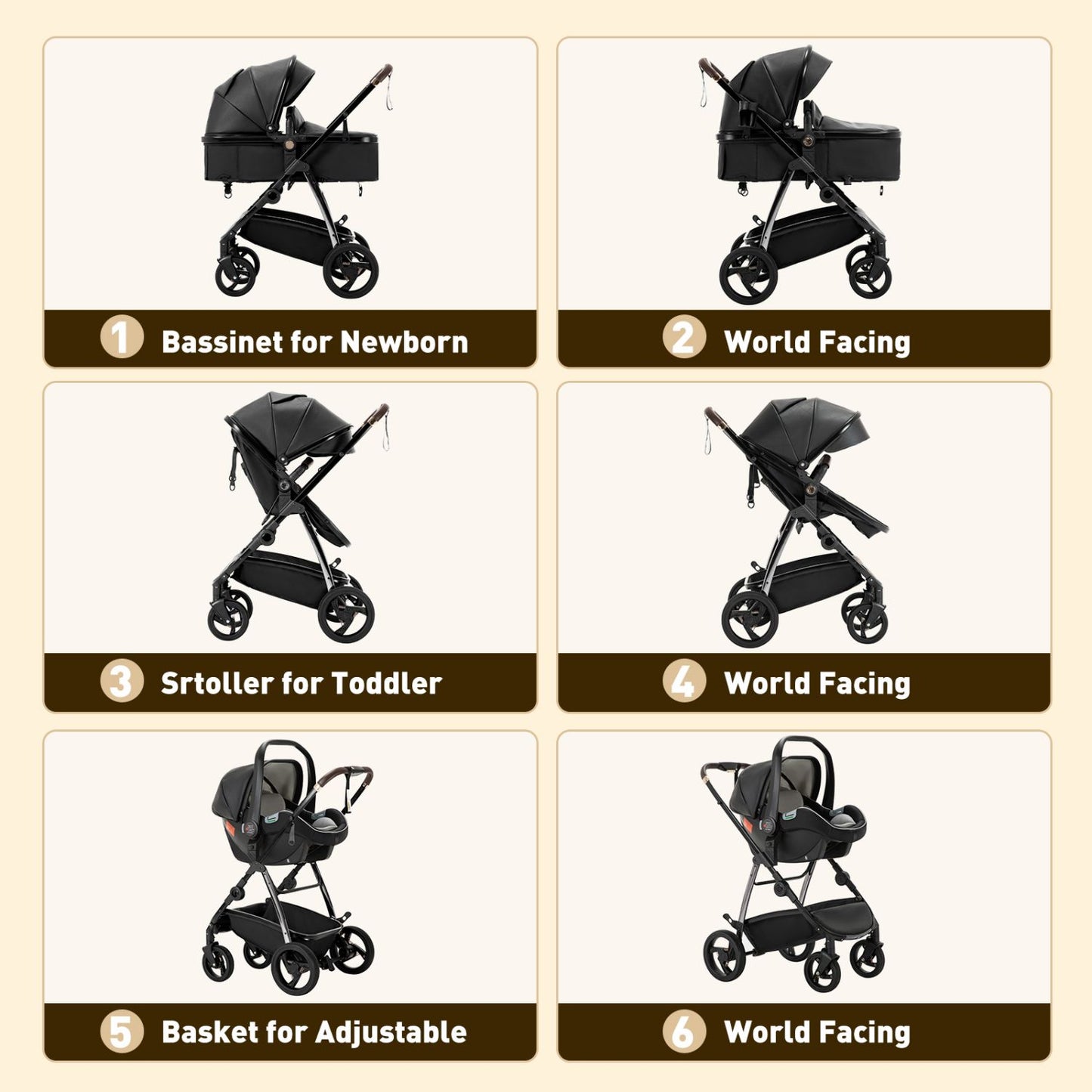 Leather Canopy One Hand Quick Folding Baby Stroller for 0-4 Newborn