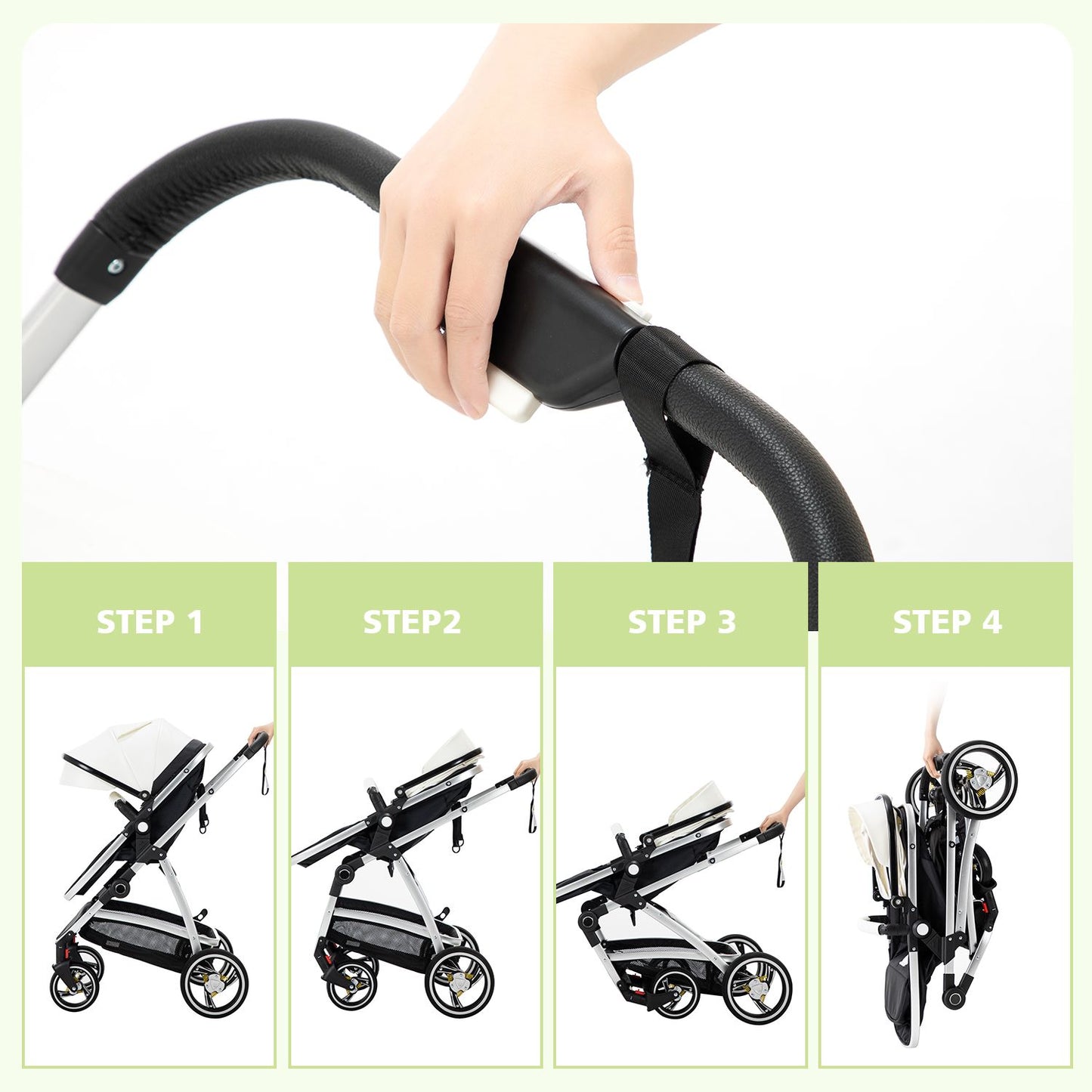 Leather Canopy One Hand Quick Folding Baby Stroller for 0-4 Newborn